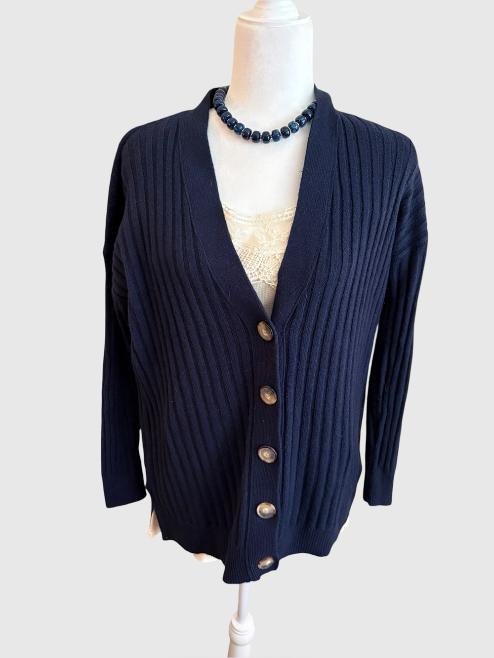 LOFT Navy Ribbed V-Neck Button Cardigan